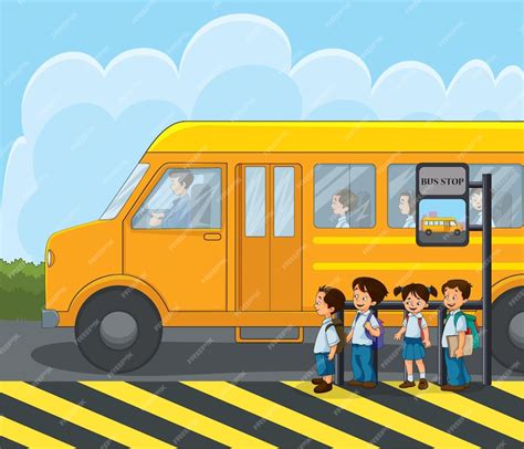 Premium Vector Children Standing In A Queue To Go Into A School Bus