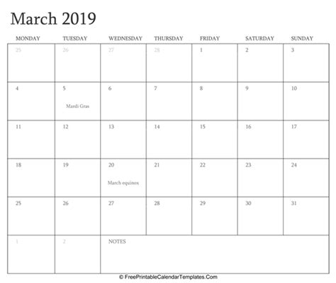 March 2019 Editable Calendar With Holidays And Notes