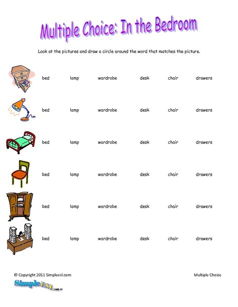 English books to help kids learn english as a second language. basic english worksheets | Bedroom Vocabulary ESL ...
