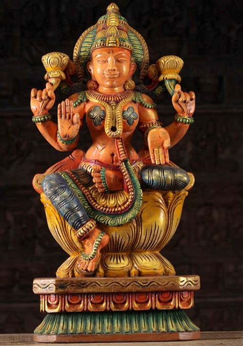 Sold Beautifully Carved Wooden Goddess Of Wealth Lakshmi Idol Holding 2