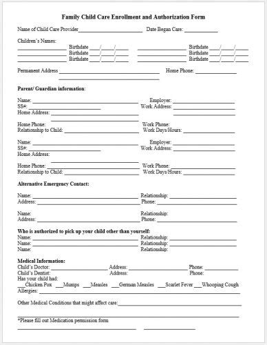 √ Free Printable Childcare Enrollment Form Templateral