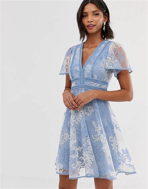 Forever New Lace Embroidered Skater Dress In Blue Asos