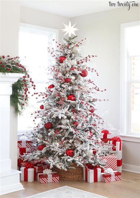 Flocked Christmas Tree Gorgeous Red White And Silver Decorated