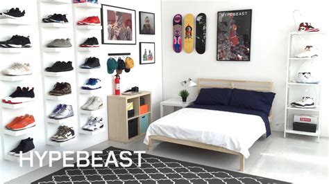 A Bedroom With White Walls And Shelves Filled With Shoes