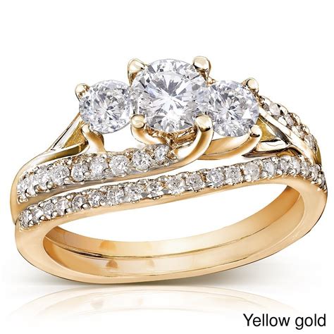 Gia Certified 1 Carat Trilogy Round Diamond Wedding Ring Set In Yellow