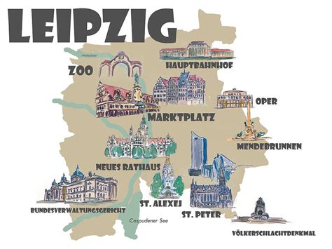 Leipzig Germany Touristic Favorites Map Of Highlights Mixed Media By