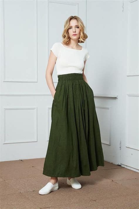 Army Green Skirt Womens Linen Skirt Khaki Long Maxi Casual Everyday