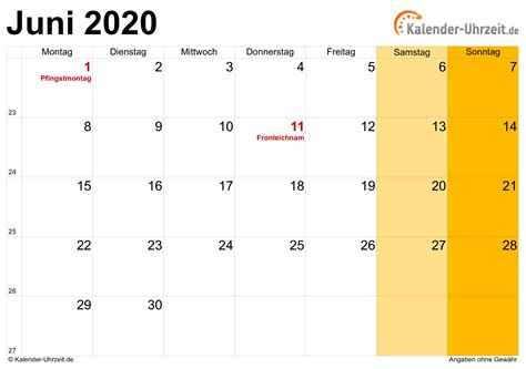 Kalender Juni 2020 Als Excel Vorlagen Riset