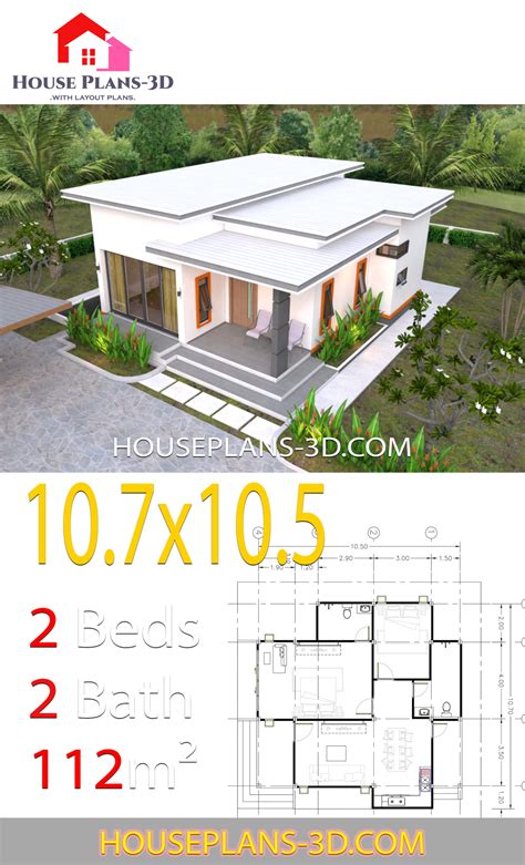 See more ideas about house plans, small house plans, house floor plans. House Plans 10.7x10.5 with 2 Bedrooms Flat roof - House Plans 3D