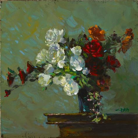 A Painting Of White And Red Flowers In A Glass Vase On A Table With