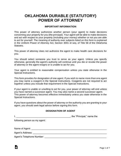 Free Printable Durable Power Of Attorney Form For Oklahoma
