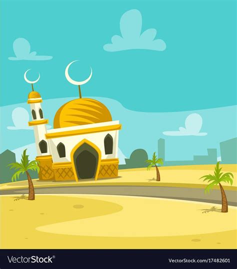 Vector Cartoon Mosque Building Scene Illustration Art At Middle East