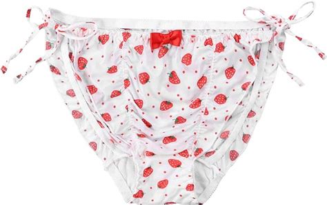 Choomomo Womens Silky Satin Strawberry Print Bikini Briefs String Panties Side Tie Underwear