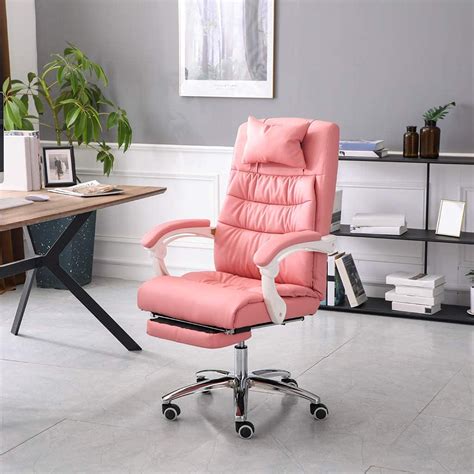 Pink Computer Chair With Footrest Adjustable Backrest Reclining Leather