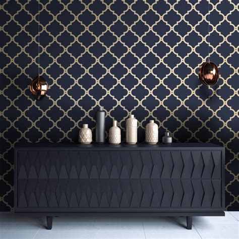 Morocco Trellis Wallpaper Navy Gold Blue And Gold Bedroom Blue