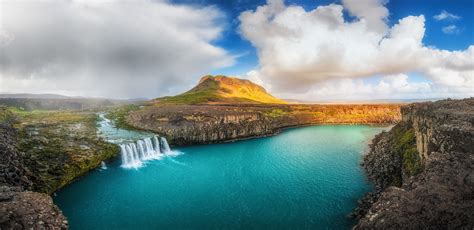 Waterfall Summer Iceland River Clouds Cliff