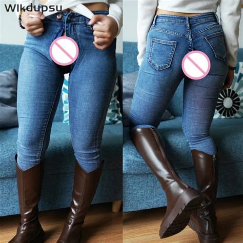 outdoor sex jeans pants zippers open croch jeans women crotchless panties sexy high quality