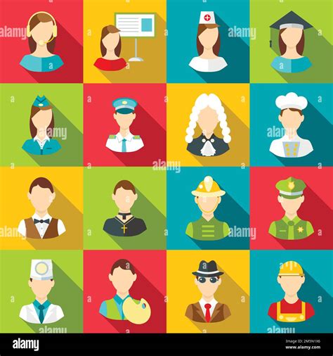 Different Professions Icons Set Flat Illustration Of 16 Different