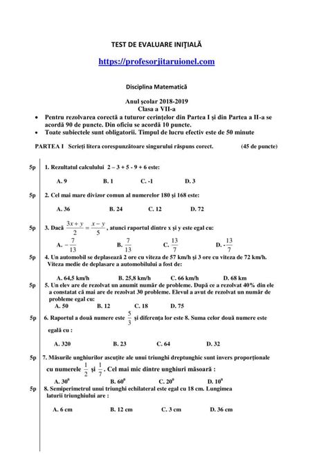 Test Initial Matematica Clasa A 7 A Cu Rezolvare Barem An Scolar