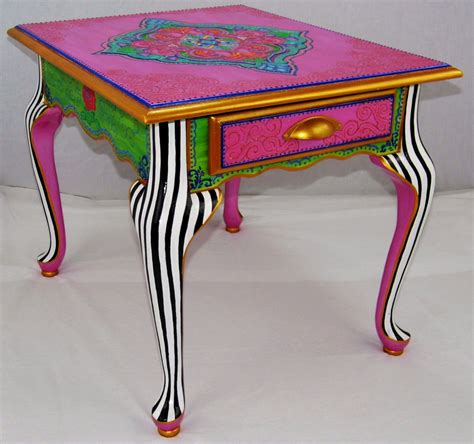 Vibrant Ornate Colorful Unique Hand Painted Table Pink Lime Gold Black