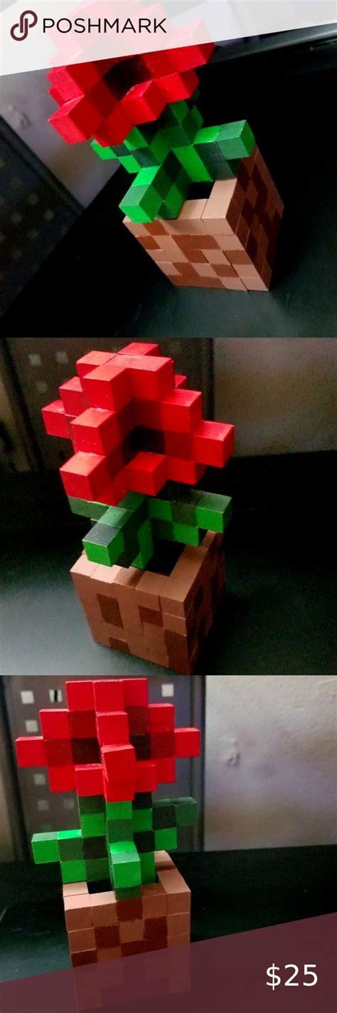 Inspired Minecraft Red Wood Blocks Flower Paper Weight Decor Hand