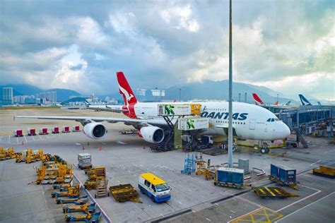 Qantas Airbus A380 800 On Tarmac At Hong Kong International Airport