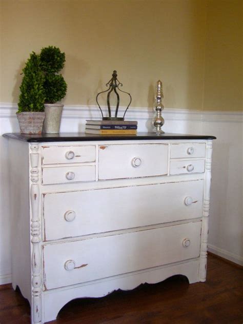 Ideal as a bedside or lamp table in the living room or hallway. White distressed dresser with rich brown stained by ...