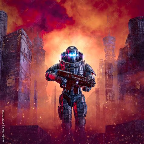 Cyberpunk Soldier City Warfare 3d Illustration Of Science Fiction