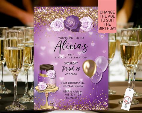 Purple Gold Glitter Birthday Balloons Invitation Printable Template