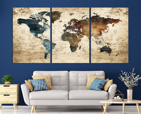 Large Wall Art Grunge World Map Art Print Push Pin Etsy