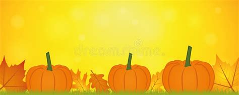 Yellow Autumn Background Banner With Autumn Leaves And Pumpkin Stock