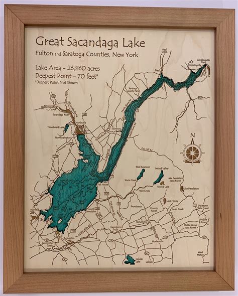 Great Sacandaga Lake Laser Carved Wooden Relief Map 11 X 14 New