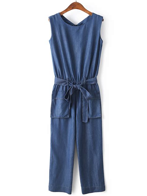 Blue Sleeveless Bow Tie Denim Jumpsuit Sheinsheinside