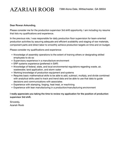 Production Supervisor 3rd Shift Cover Letter | Velvet Jobs
