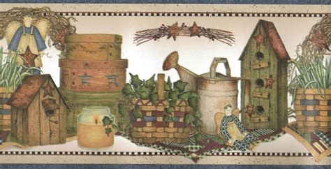 Wallpaper Border Country Angels Ivy Baskets Birdhouses Watering Cans