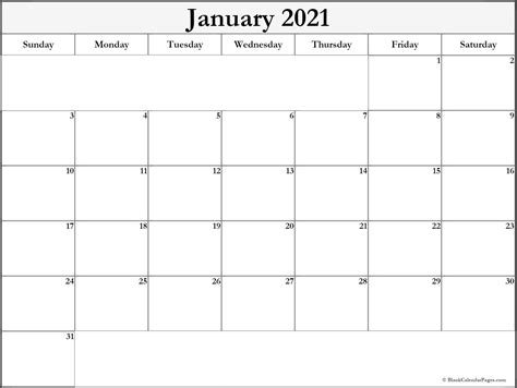 January 2021 Blank Calendar Collection 6 Calendar Template 2021