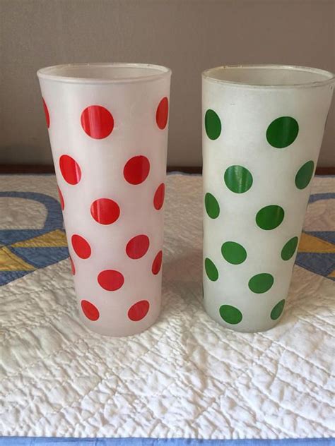 Vintage Hazel Atlas Set Of 2 Polka Dot Drinking Glasses One Red And One