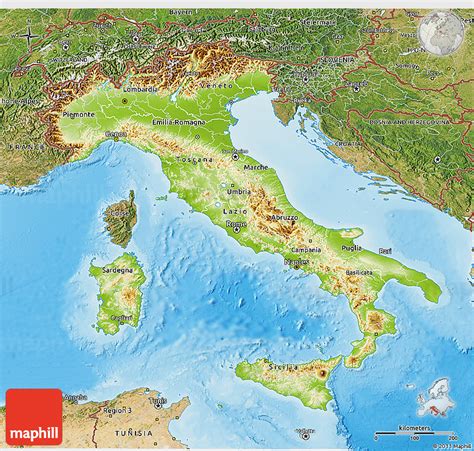 This map also list out (indicated in numbers) all the autonomous regions and those with special statute. Physical 3D Map of Italy, satellite outside, shaded relief sea