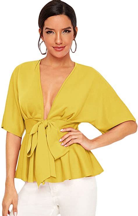 Shein Womens Plunge V Neck Short Sleeve Ruffle Hem Tie Front Peplum