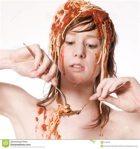 Spaghetti On My Head Stock Image Image Of Serious Woman