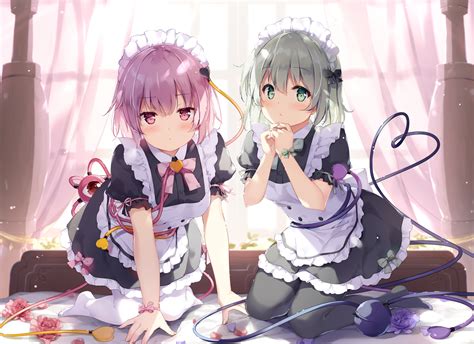 2girls Bed Blush Bow Dress Flowers Green Eyes Green Hair Komeiji Koishi