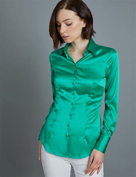 Womens Green Fitted Satin Shirt Single Cuff Hawes And Curtis