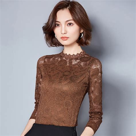 Buy Sexy Hollow Out Brown Lace Patchwork Blouse Shirt