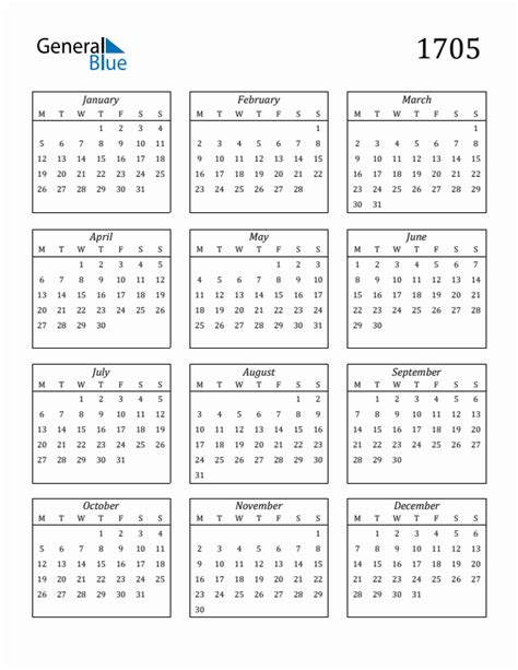 1705 Yearly Calendar Templates With Monday Start