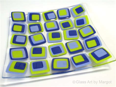 Large Art Glass Plate Stacked Glass Whimsical Geometric Mod Retro Design Glass Platter