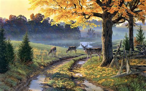 Nature Painting Path Animals Trees Deer Wallpapers Hd Desktop And