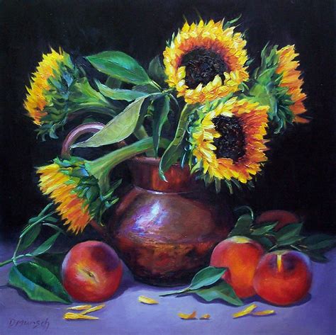 Donna Munsch Fine Art Original Oil Painting Sunflowers And Peaches