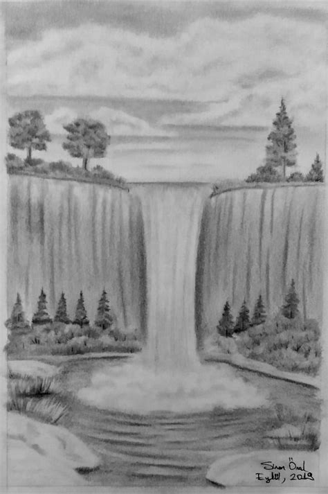 Waterfall Drawing 16x24 Wasserfall Zeichnung Landschaftszeichnungen