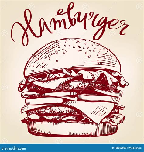 Big Burger Hamburger Hand Drawn Vector Illustration Sketch Retro Style