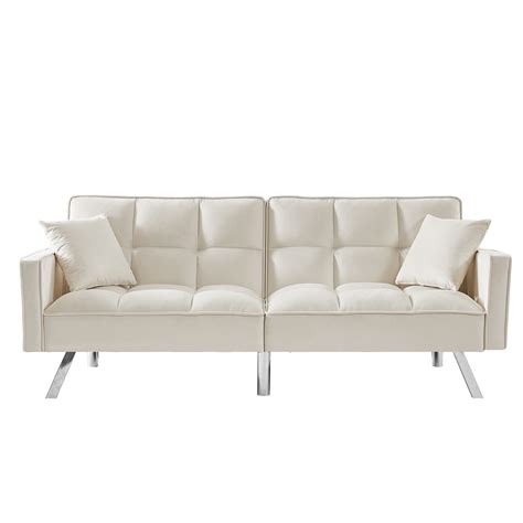 Kepooman Modern Convertible Velvet Futon Couch With 2 Pillows For